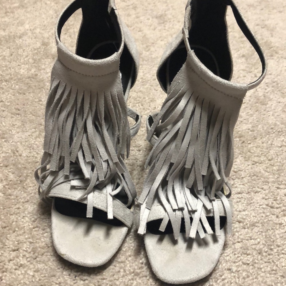 M brand grey suede tassel heels